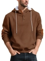Detail of men's brown hoodie with waffle knit texture and buttoned neck opening - Coffee