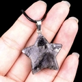 Handheld 30mm grey speckled natural agate pentagram star pendant with black necklace cord - 30mm Larvikite