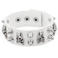 Detail view of white PU leather bracelet with silver skull charms and metal rivets - White Skull