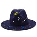 Detail of colorful paint splatter graffiti on a dark blue wool felt wide-brim fedora hat - M (56-58cm) / Navy Blue