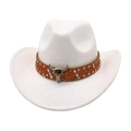 Klassischer weißer Western-Cowboyhut mit braunem Flechtband und silbernem Bullenschädel-Dekor - Weiß