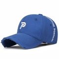 Royal blue distressed baseball cap featuring white 3D letter P embroidery and side text - Adjustable / Sapphire Blue