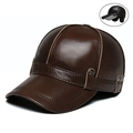 Dark brown leather baseball cap for winter featuring foldable ear flaps and yellow stitching - Folded Belt Baseball Cap Dark Coffee