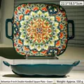 Bohemian 9-inch dark green ceramic square plate with handles and mandala floral pattern - Bohemian Square Plate with Handles / Green