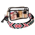 Clear stadium crossbody bag with colorful bohemian guitar strap and black PVC trim - Red Blue Geometric Strap + Black Tassel / Black