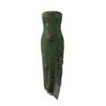 Detail of green floral tube dress featuring asymmetrical mesh layers and a split hem - S / Green