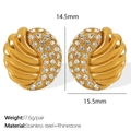 Golden wave textured stud earrings with rhinestones and stainless steel finish - White Rhinestone Gold Style (EH716)