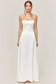 Front view of a white satin slip maxi dress with thin straps and geometric waist seams - Solid White