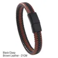 Brown and black braided leather bracelet with 21cm length and black magnetic clasp - 21cm / Black Clasp Brown Leather