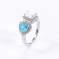 Anillo Toi et Moi de plata S925 con piedra azul en forma de corazón y corte esmeralda - Talla 9-11 / Azul + Blanco