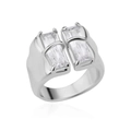 Silver wide band ring with two rectangular clear cubic zirconia stones in bezel setting - Adjustable Open / Silver Double Square Gem Style (P3014430)