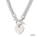 Silver stainless steel thick flat chain necklace with heart pendant and toggle clasp - Silver Necklace (PCD407)