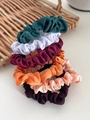 Set of six glossy satin scrunchies in vibrant colors displayed on a woven tray - Retro Multicolor Combination