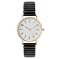 Women's quartz watch with rose gold case, white dial, and black elastic stretch band - Black