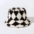 Dettaglio della lana d'agnello e del motivo a rombi bianco e nero del cappello bob - M (56-58cm) / caffè