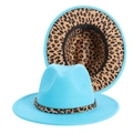 Cappello fedora celeste in lana con fascia leopardata e fodera interna stile vintage - Taglia unica / Blu Lago Esterno con Fodera Leopardata