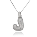 Macro shot of silver letter J pendant with micro-set zircon on fine link chain - Letter J (DX34-J)