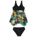 Detail of girls high-elastic nylon three-piece swimsuit with tropical leaf print and mesh skirt - 152 / Yellow Leaf Mesh