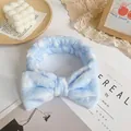 Soft light blue plush headband with white polka dots and large bow for skincare - Light Blue White Dot