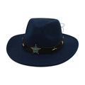 Dark blue fedora with black leather band and turquoise star ornament for men and women - Blue Star Style / Navy Blue