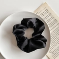 Elegant black satin scrunchie with silk luster on a ceramic plate with vintage paper - 1076J Classic Black Satin Scrunchie