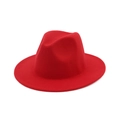 Detail view of the smooth red felt wool texture on the classic wide brim fedora jazz hat - Red