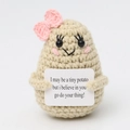 Handmade crochet potato toy in beige with pink bow and motivational message card - Fog White Potato Bow P