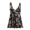 Floral print mini dress with sleeveless tie-straps and pleated skirt in black and beige - XS / Black