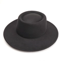 Detail view of the flat crown and wide brim on this classic black wool felt jazz hat - 57cm / Black