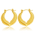 Golden feather-shaped hoop earrings with detailed texture in stainless steel - Feather Leaf Carved Texture