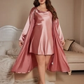 Elegant two-piece satin sleepwear set with silk camisole and robe in soft dusty rose - 1XL / Pink