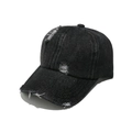 Close-up of distressed ripped details on a black washed denim baseball cap crown - M (56-58cm) / Black