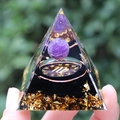 Macro detail of Virgo zodiac copper coil inside natural amethyst crystal resin pyramid - YB17 Virgo [5cm]