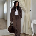 Women's dark brown two-piece loungewear set with zip hoodie and straight sweatpants - S / Brown