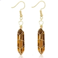 Handmade tiger eye stone hexagonal prism earrings with golden wire wrap for women - Wire Wrapped Hexagonal Prism Earrings / Gold Tiger Eye Earrings