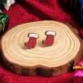 Cute red and white wooden Christmas stocking stud earrings with snowflake patterns - Christmas Sock