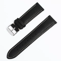 Detail view of black leather watch strap with contrast white stitching and silver buckle - 22mm / Black