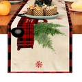 Detail of Christmas table runner featuring red truck, green trees and red snowflake pattern - 33X160cm / Red Truck Christmas Tree Plaid Border Style