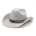 Close-up of light grey suede cowboy hat with brown leather band and bull skull emblem - M (56-59cm) / Light Grey Suede
