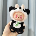 Labubu plush doll accessory featuring a cute black and white panda costume and vinyl face - Panda with Bamboo / First And Second Generation Keychains Are Compatible With La Cloth Dolls. Dolls Not Included.
