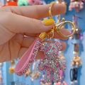 Pink rhinestone bear keychain with matching crystal leather strap and gold lobster clasp - Pink Multi
