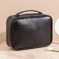 Portable black PU leather cosmetic bag with embossed letters and top handle - Handheld Large / Black