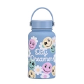 Close-up of 650ml blue vacuum flask with smile, daisy patterns and Day Dreamer text - Smog Blue Daisy Smiley