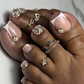 French style press-on toenails with white 3D flowers, pearls and gold stackable rings - French Pearl Rhinestone Style (JP4257)