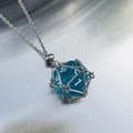 Blue translucent dice pendant necklace with silver metal cage and long chain - Silver Cage with Sky Blue Dice