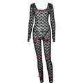 Black lace see-through jumpsuit for women featuring elegant red bow tie accents - S / Black