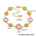Pink Czech glass square stone gold stainless steel bracelet for women with beaded chain - Gold Pink