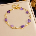 Double-layered gold stainless steel anklet with purple stones, starfish and dolphin charms - Purple Stone Round Starfish Style (B1601)