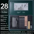 Professional 28-piece sketching pencil set in premium green tin box for artists - Model SM-084 / 28PCS