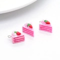 Three pink resin strawberry cake pendants with metal rings for DIY jewelry accessories - D245-Pink (Slice Cake)